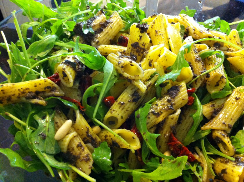 Rocket salad, penne, sun dried tomatoes, pine nuts