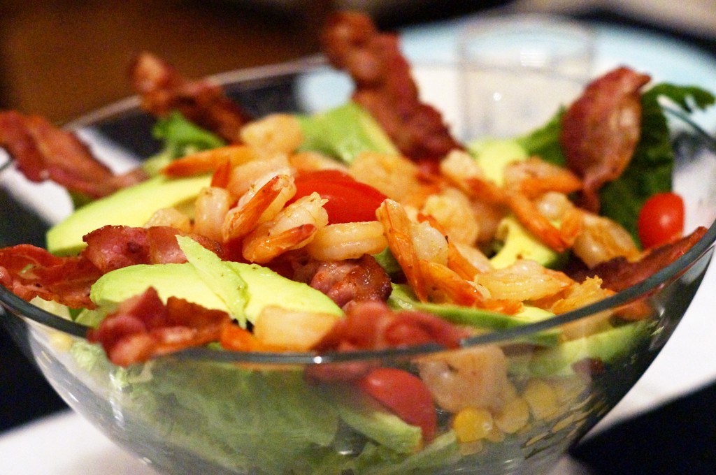 Midnight salad – Shrimp, avocado, bacon, tomato, lettuce, dijon vinaigrette